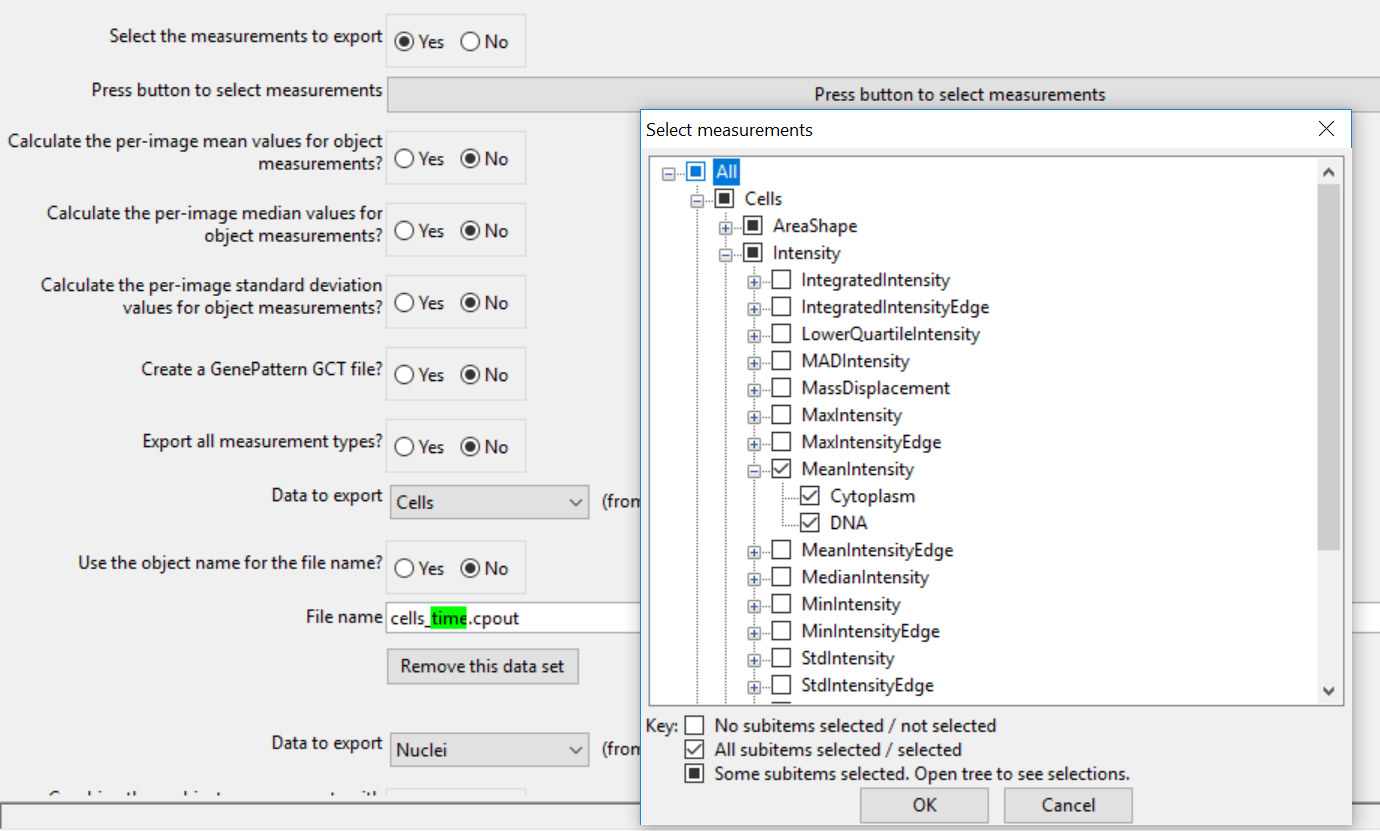 Figure T24.41 Choosing the Select the columns of measurements to export check box, clicking on the Press to select measurements button, and selecting the parameters to export for the Cells objects.
