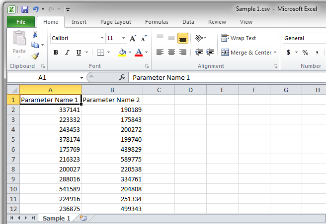 Figure 24.7 - A comma-separated value (.csv) file created in the proper format for import to FCS Express Version 5.