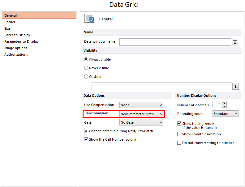 Figure 29.14 - Applying parameter math to a data grid by selecting the parameter math in the Transformation drop down from the Formatting Overlays dialog.