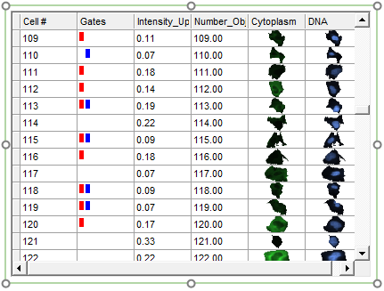 Figure T26.23  Data Grid Displaying Dot Plot and Picture Plot Gates as Colored Rectangular Boxes
