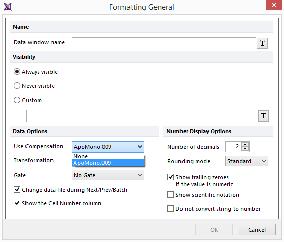 Figure 18.9 - Using Formatting dialog to select from Use Compensation drop down list under Data Options.