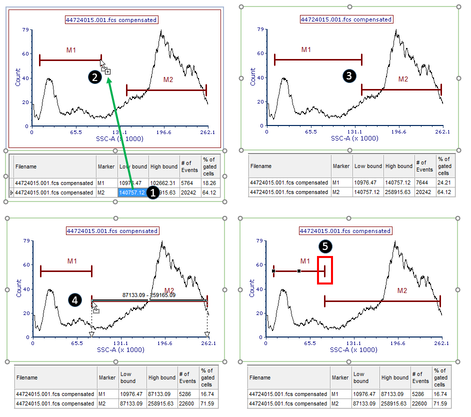 Figure 9.38. The figure shows how to set and lock two marker end points together by dragging and droppging a token contained in a statistics table.