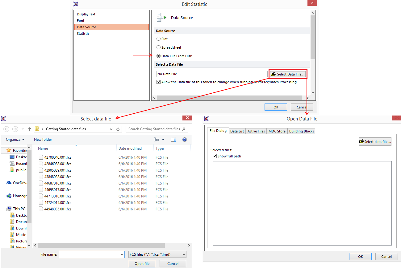 Figure 20.7 - Editing the Data Source of a Token through the Data List to Select Data File (lower left) or Open Data File (lower right) dialog options.