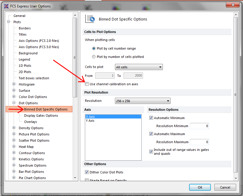 Figure T23.12 FCS Express User Options Dialog -- Unselecting Use channel calibration on axes for 2D Dot Plots 
