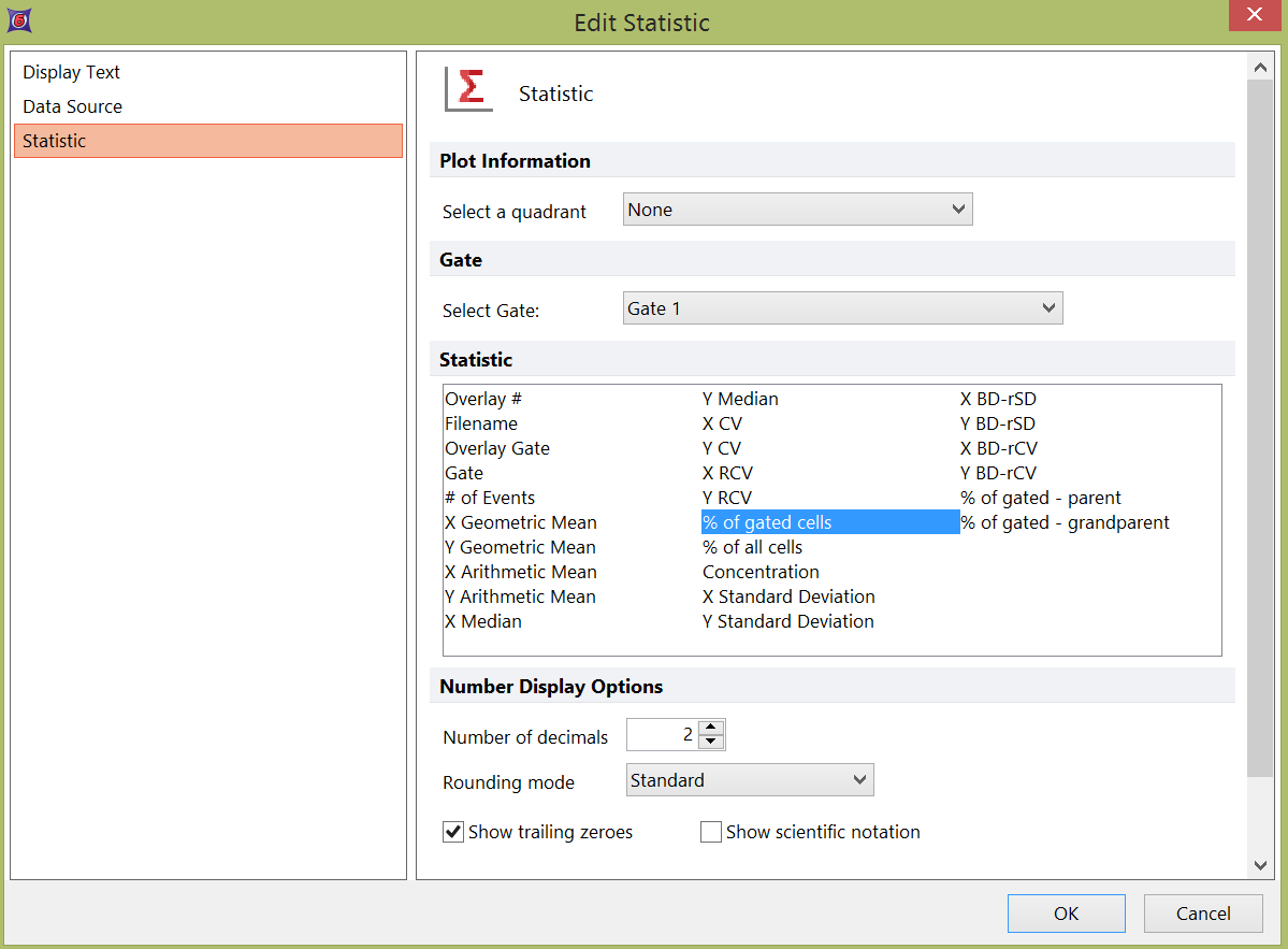 Figure 11.23 Edit Statistic dialog appearing after dragging a gate to a Pie Chart