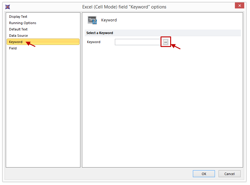 Figure T9.17  Excel (Cell Mode) field "Keyword" options Dialog -- Keyword Category