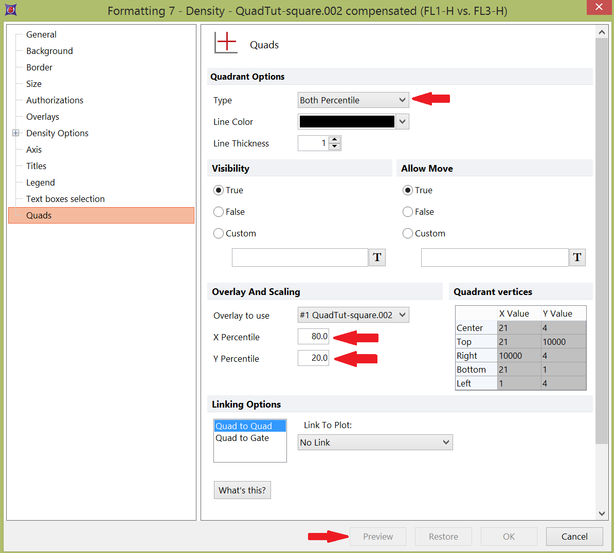 Figure T6.12  Using Preview while Setting Percentile Quadrant Values