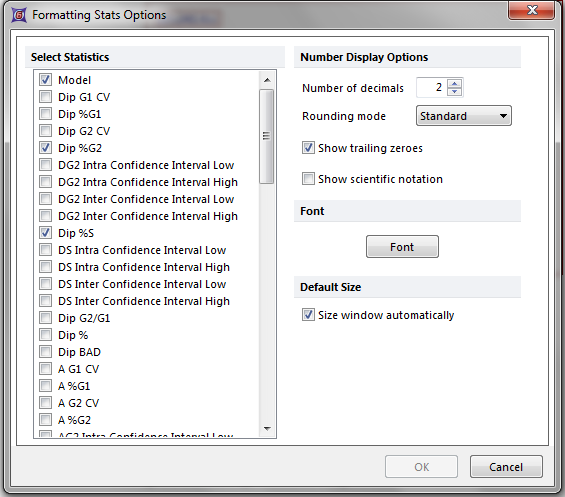 Figure T19.18  Formatting Stats Options Dialog for DNA Model Summary Statistics