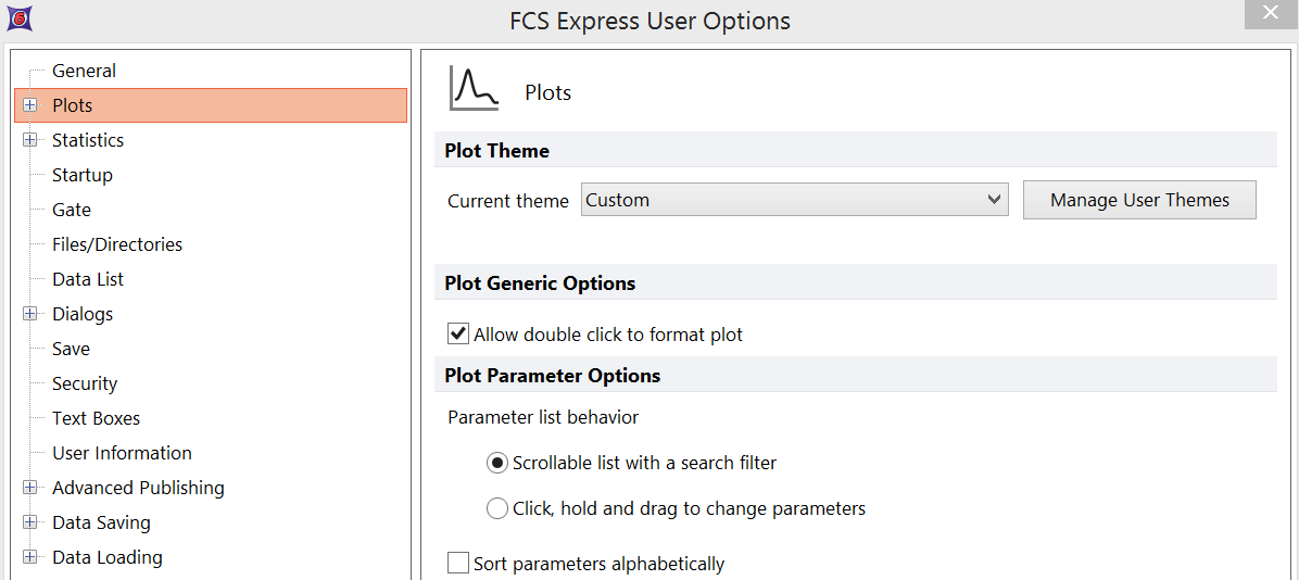 Figure 8.4 - The Plots category in the FCS Express User Options.