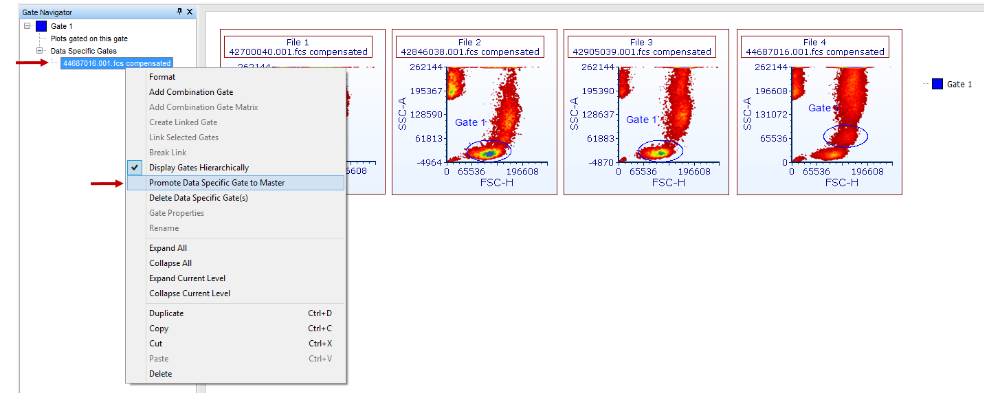 (Figure 9.15) - Selecting promote data specific gate to master gate in the gate navigator.