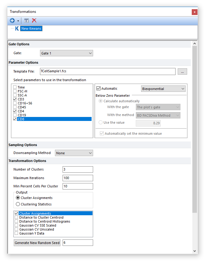 Figure T33.4. The Transforamtion dialogue partially filled for a new k-means clustering transformation.