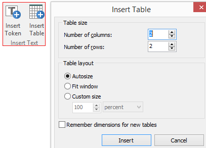 Figure 6.6 - Insert Table Ribbon and Dialog