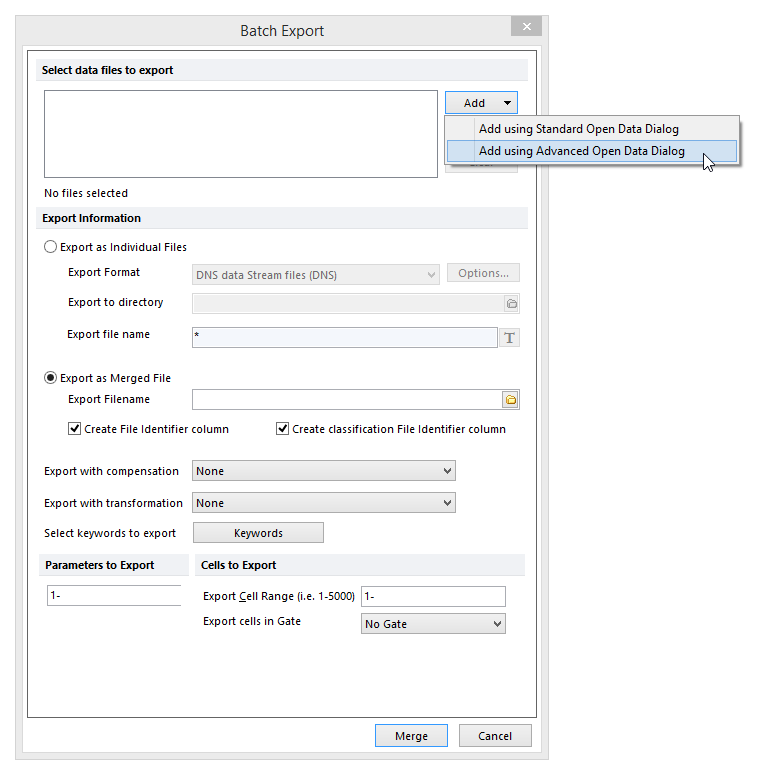 Figure 17.10 The Batch Export Dialog displaying the different Add options.
