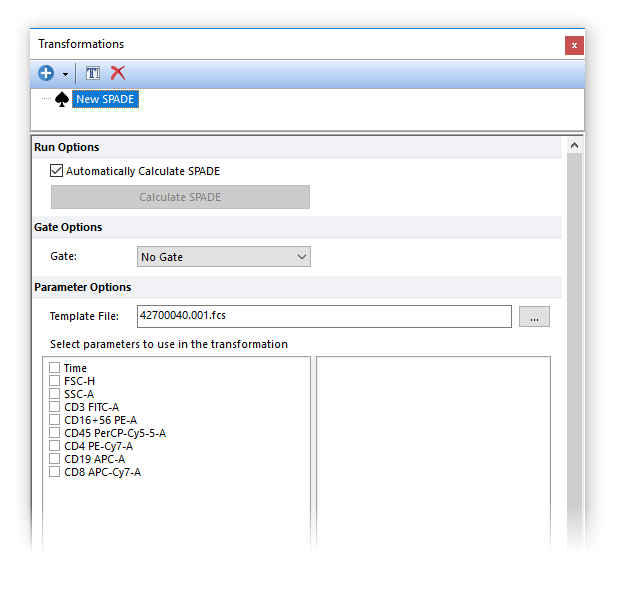 Figure 29.74 When a template file is selected, the possible parameters to perform a SPADE transformation are automatically listed in the SPADE dialog.