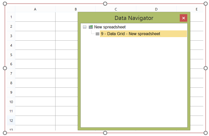 Figure 11.2 An empty spreadsheet open and  Data Navigator with New spreadsheet node. 
