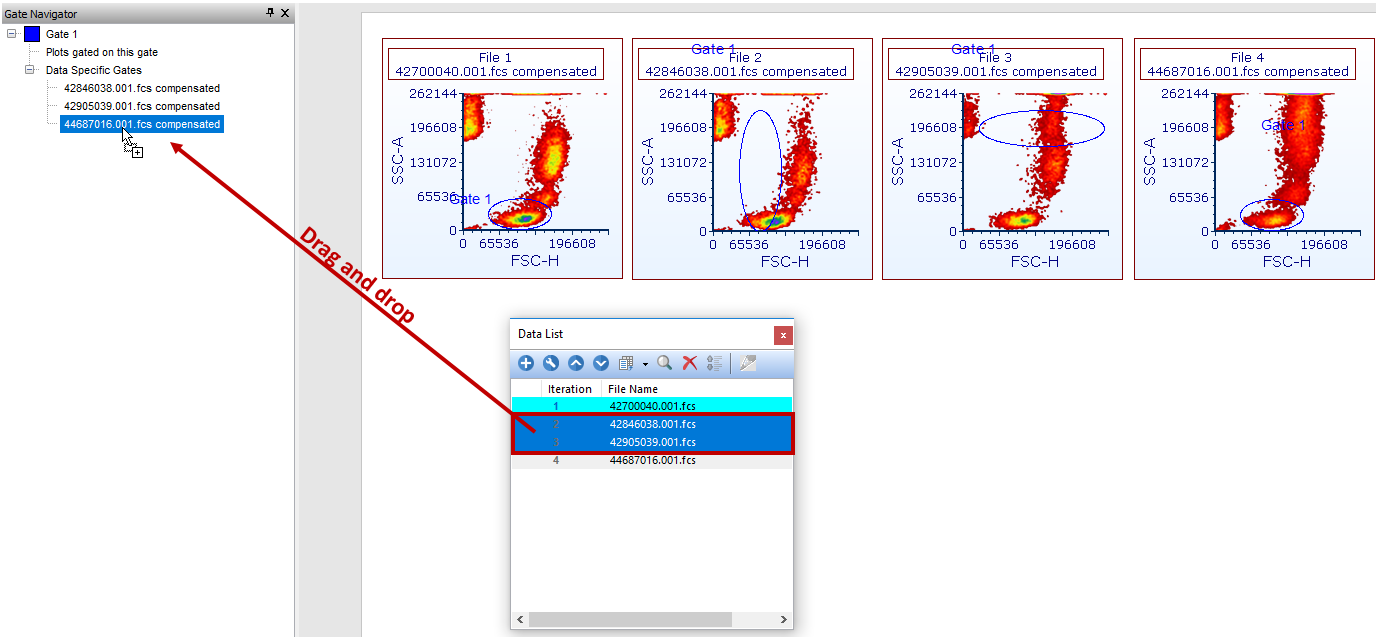 Figure 9.19 - Creating a data specific gate group by dragging and dropping files from the data list to the data specific gate intended as the new group master gate within the gate navigator. 