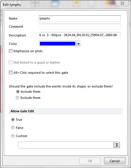 Figure 9.5  Allow gate edit dialog based on radio buttons next to "true", "false", or "custom". The custom setting is based on if the conditions are met.