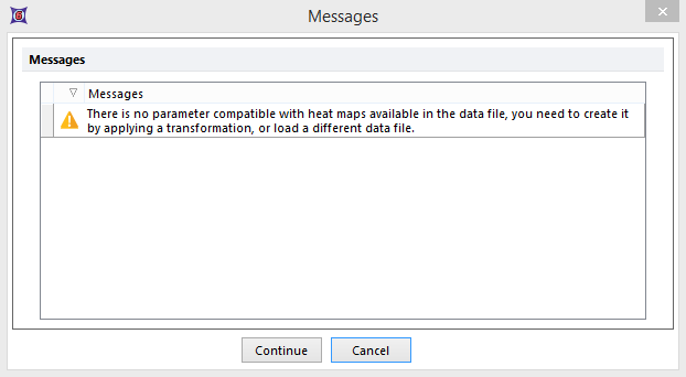 Figure 29.78 Warning message when inserting a heat map for data sets not derived from a plate based data file. 