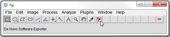 FigureT28.97. The ImageJ tool bar with the DNSMacroExample.ijm macro installed. Notice the red rectangle with three color blobs button that indicates the De Novo Software Exporter.  