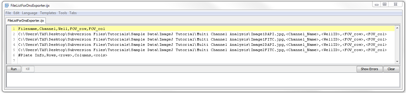 Figure T28.108 The FileListForDnsExporter.ijx file opened in ImageJ that was created in the previous steps.