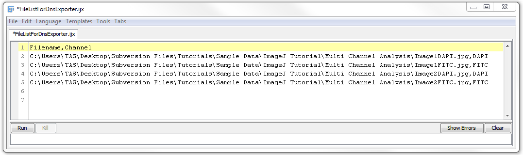 Figure T28.109 The FilelistForDnsExpoter.ijx file in ImageJ after editing to remove extra column headers, plate information, and adding the channel information.