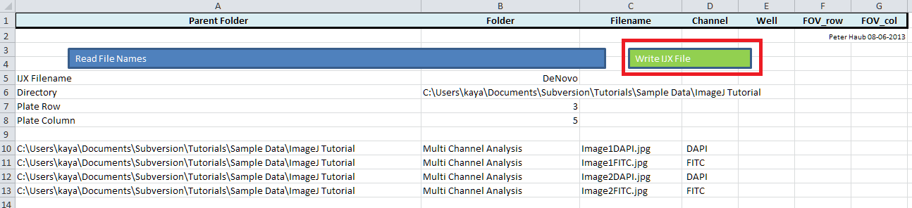 Figure T28.105 DNS-IJXwriter.xlsm Excel file after file names have been read and channel names entered into the appropriate column.