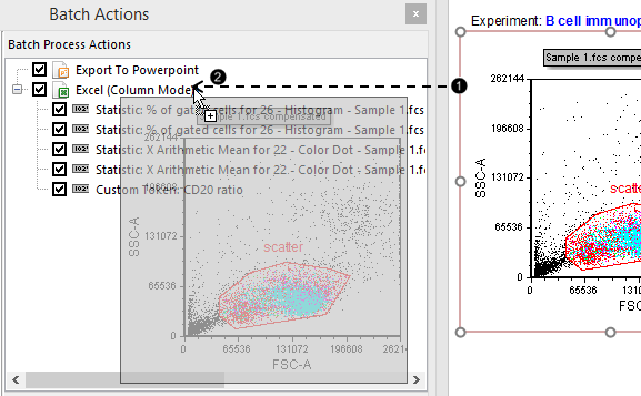 Figure T29.42  Dragging and dropping a plot-derived element into the Excel export of the Batch Process Actions window