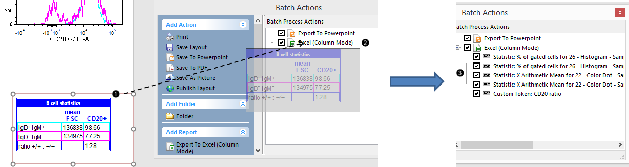 Figure T29.41  Dragging and dropping the tokens within a text table into the Excel export in the Batch Process Actions window.   (Note:  the layout pictured has had the optional steps completed for adding red outlier dots to the contour plot, and for normalizing the histogram.  If you are using your own layout from the previous section and skipped those steps, those two plots will look slightly different.)