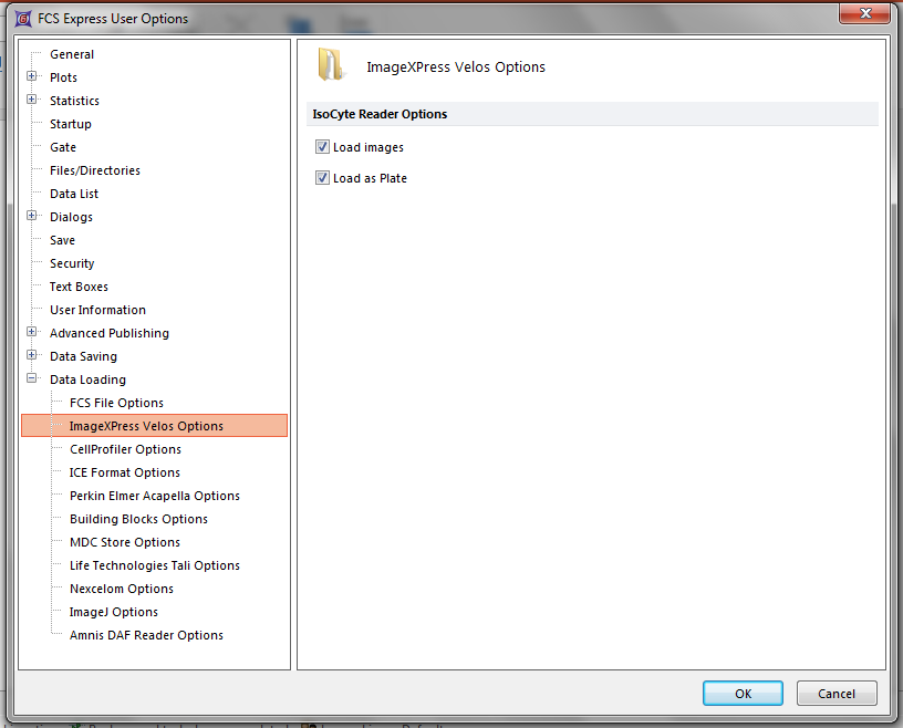 Figure T25.2  Setting up ImageXpress Velos Data Loading Preferences in FCS Express