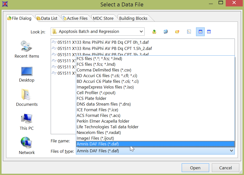 Figure 30.1 - Selecing the Amnis DAF File of type from the Select a Data File dialog.