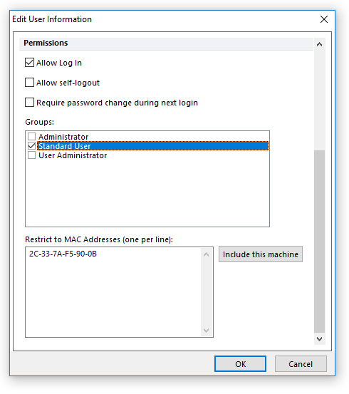 Figure 38.7 Restrict User to Defined MAC Address(es) in User Information Dialog