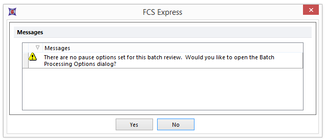 Figure 20.44 No pause options were set for Batch Review prompting the message to open the options dialog.