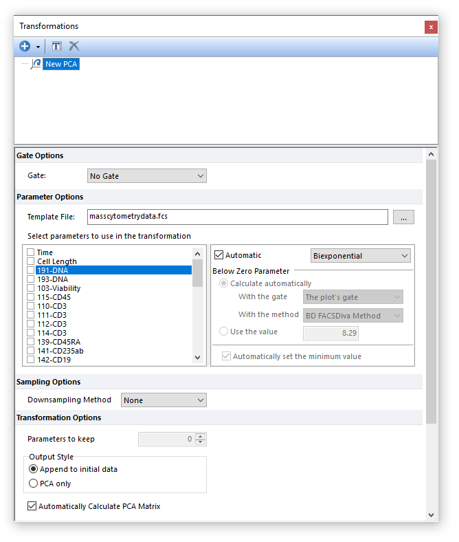 Figure 29.18 A template file has been chosen which subsequently populates the list of possible parameters to perform a PCA transformation.