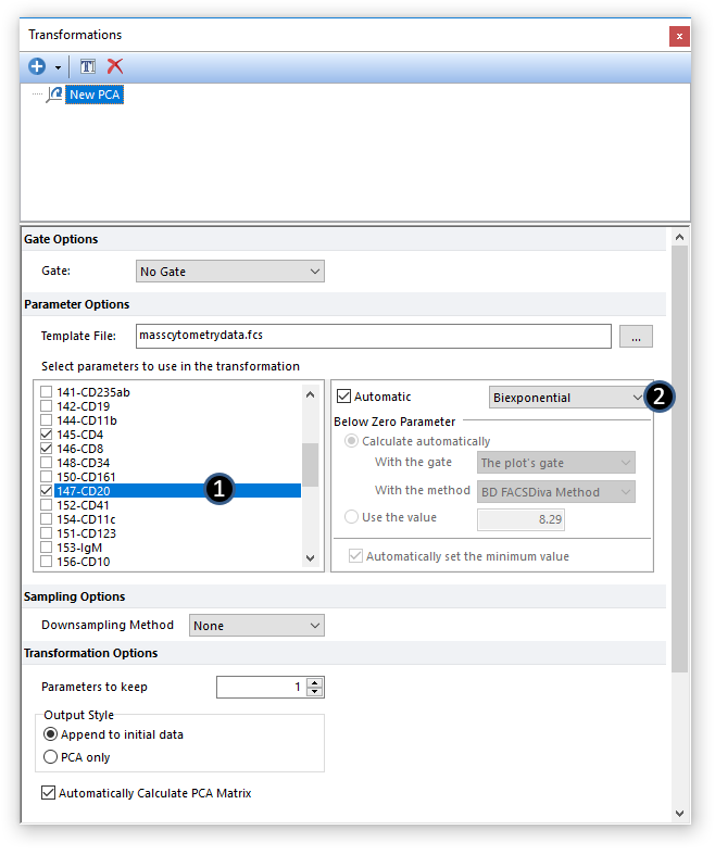 Figure 29.19 Parameters for the PCA transformation are selected by checking the boxes next to the parameter names.