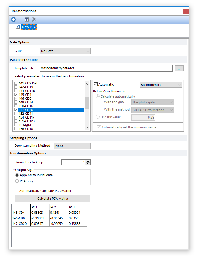 Figure 29.22 Once the Calculate PCA Matrix button is pressed the matrix will be calculated and shown in the dialog.