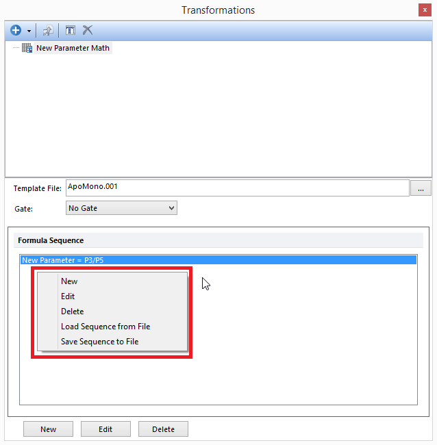 Figure 29. 9 - Right-click menu for Formula Sequence box of Parameter Math in Transformations dialog