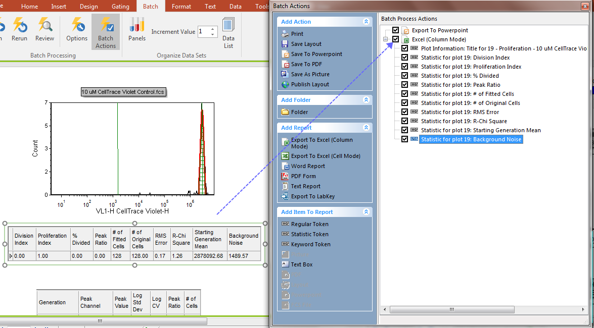 Figure T20.17 Dragging and dropping the Proliferation Fit Statistics table to the Excel (Column Mode) batch action.