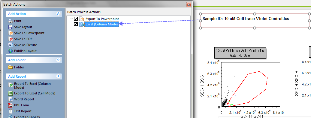 Figure T20.16 Dragging and dropping the sample ID text box to the Excel (Column Mode) batch action.