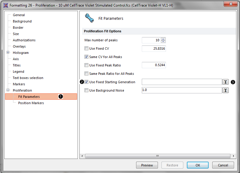 Figure T20.6 Adjusting proliferation fit parameters in the formatting dialog.