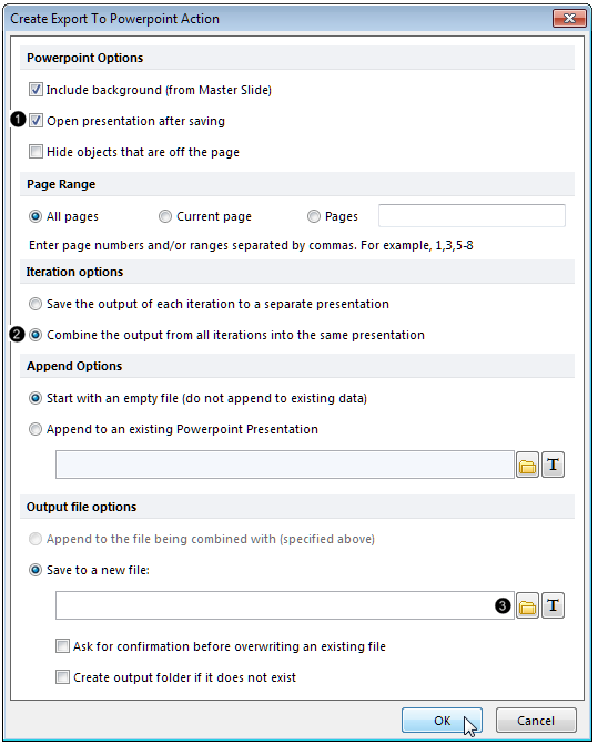 Figure T20.15 Editing the Create Export To Powerpoint Action options. 