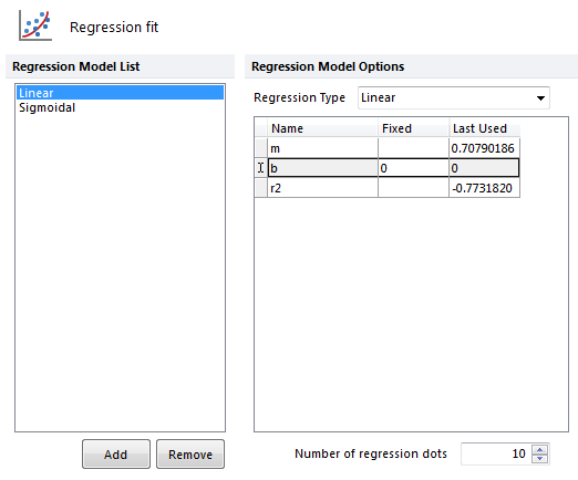 Fig. 11.64 Regression Model Options with a Linear and Sigmoidal fit added to the Regression Model List for comparison. Parameters for the regression model are displayed on the right and a fixed parameter may be typed in the Fixed column. Note in the example that the line was forced through zero by adding a fixed value of "0" to the column.