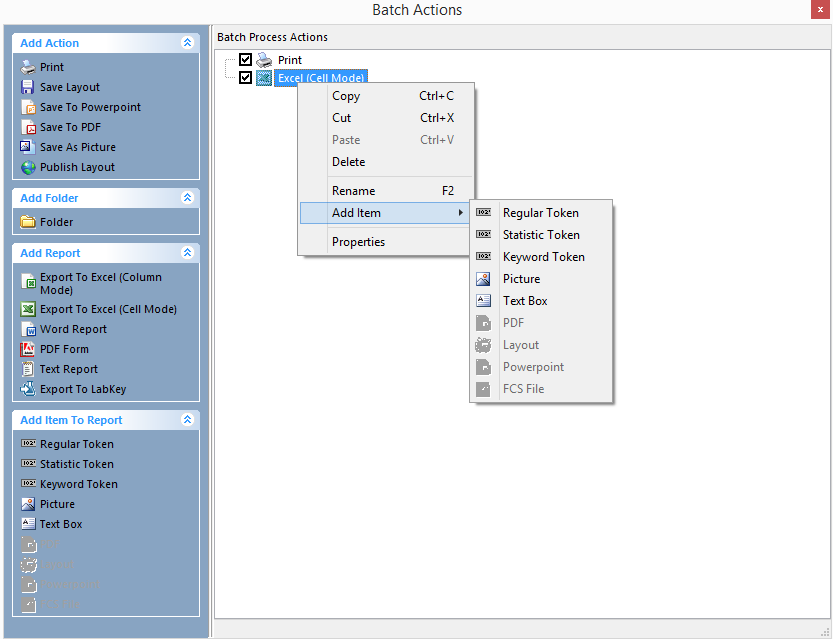 Figure 20.35) Adding items to a batch action by right clicking on the action.