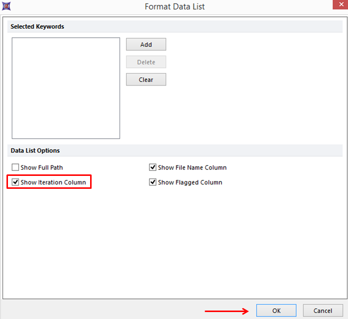 Figure 20.48 Choosing to Show the Iteration Column within the Data List.