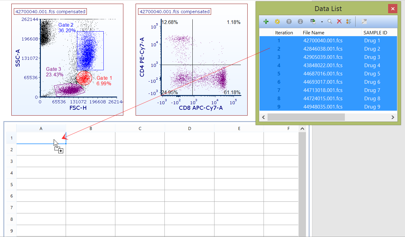 Figure 11.15 - Dragging and dropping data files from the data list into a cell in the spreadsheet.