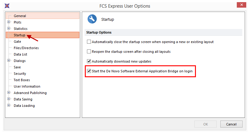 Figure 29.38 Enabling the External Application Bridge at the FCS Express startup to integrate R.