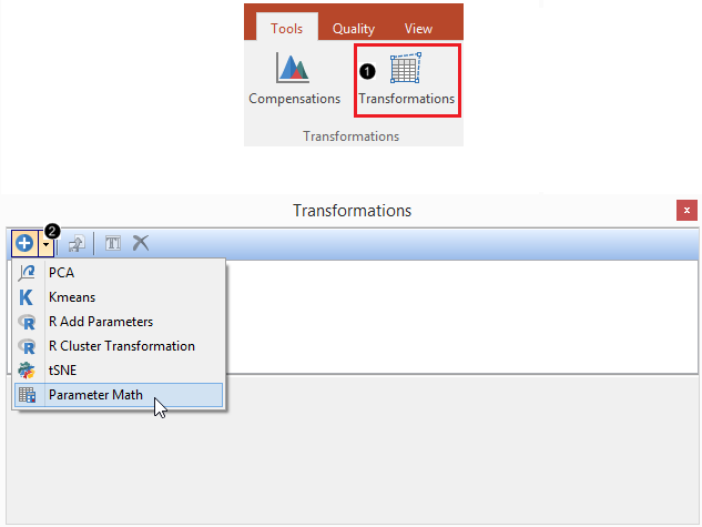 Figure 29.2 - Transformation command on ribbon and Transformation Dialog with Add New drop down menu displayed