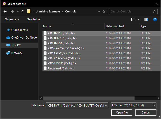 Figure T35.4  Use the Select Data File window to select all of the files for use in the Automatic Unmixing Setup.