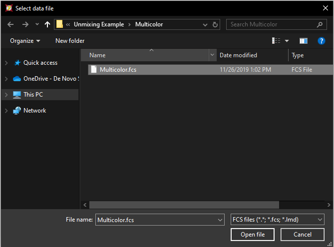 Figure T35.19  Use the Select Data File window to load the multicolor control file Multicolor.fcs
