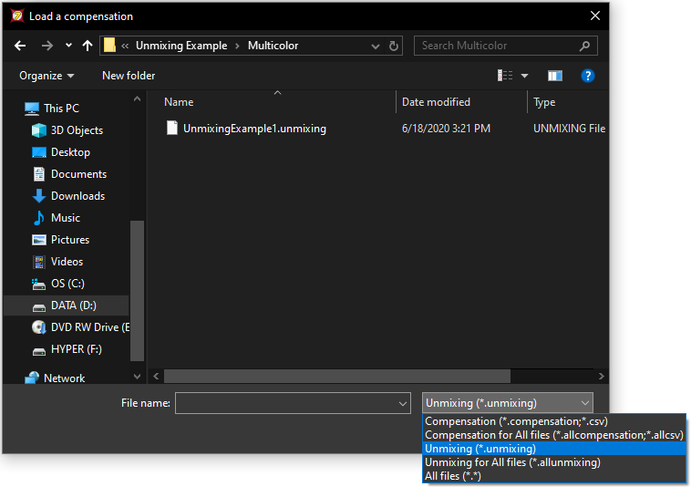 Figure T35.24  Importing an unmixing definition into a layout using the Compenation and Unmixing window.