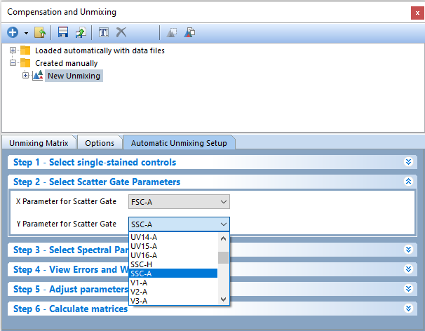 Figure T35.6  Step 2 - Select Scatter Gate Parameters for Automatic Unmixing Setup.